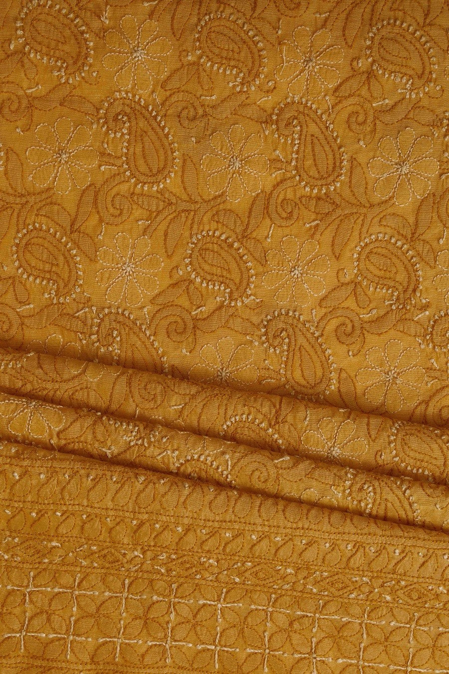 Ada Hand Embroidered Mustard Chanderi Lucknowi Chikan Unstitched Kurta Dupatta Set - A609611