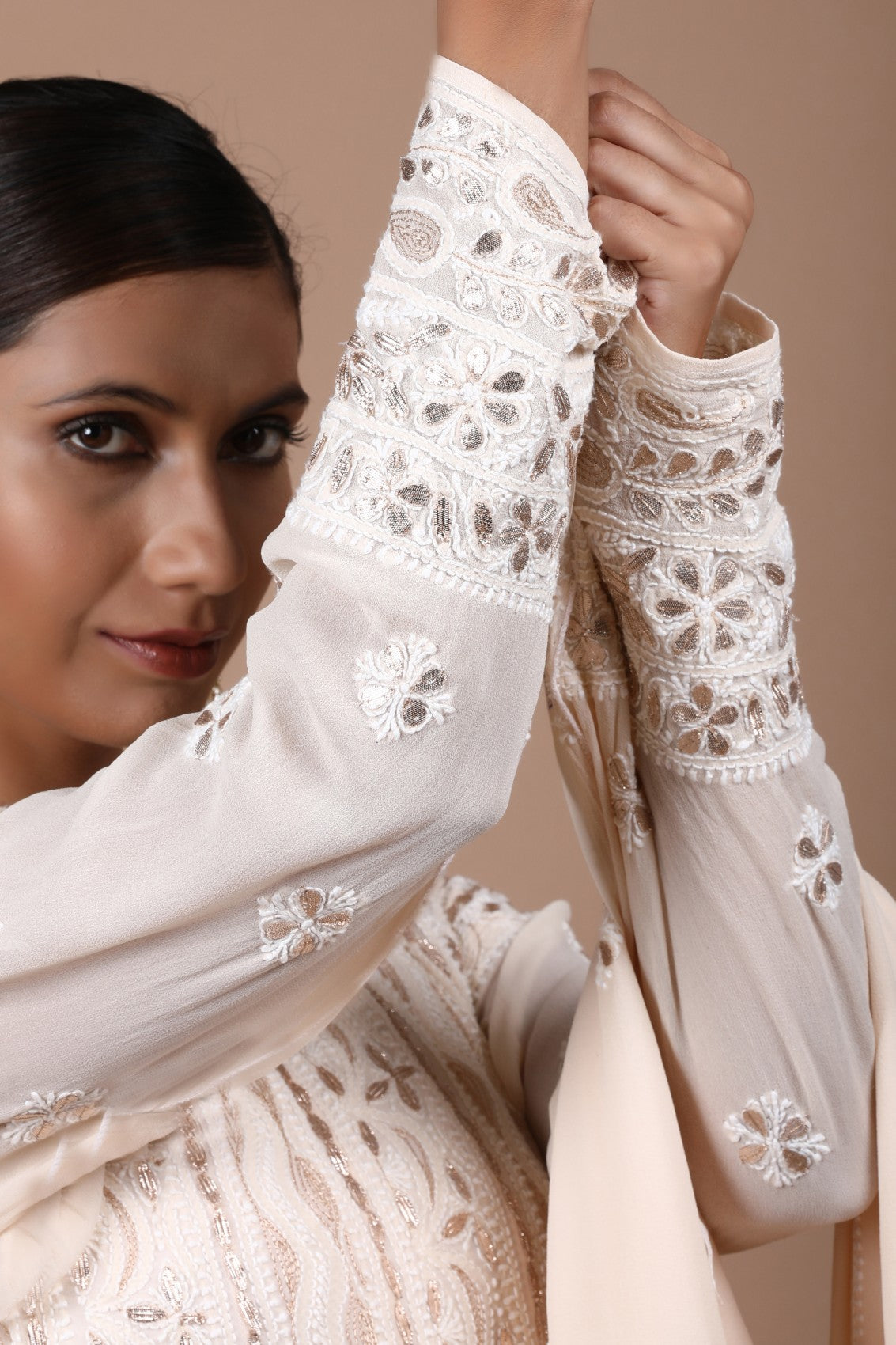Ada Hand Embroidered Cream Pure Georgette Lucknowi Chikankari Semi-Stitched Anarkali Kurta Dupatta Set With Gota Patti Work 01A174899