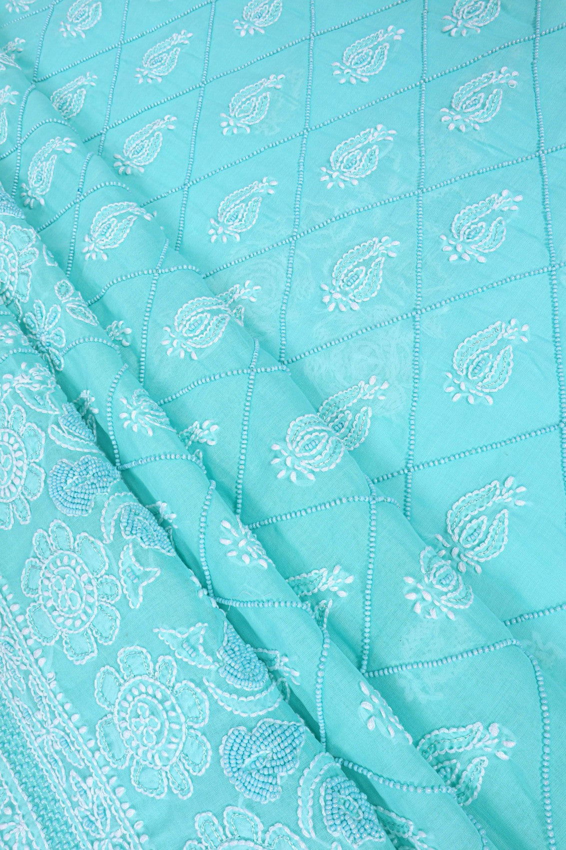 Ada Hand Embroidered Sea Green Cotton Lucknowi Chikankari Unstitched Suit Piece With Pearl Work 01A167494