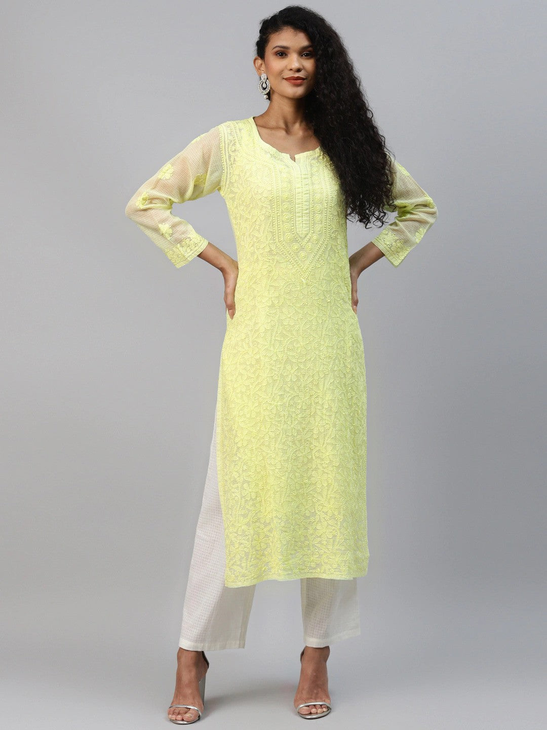 Ada Hand Embroidered Lime Green Kota Lucknow Chikankari Straight Kurta With Slip A411216