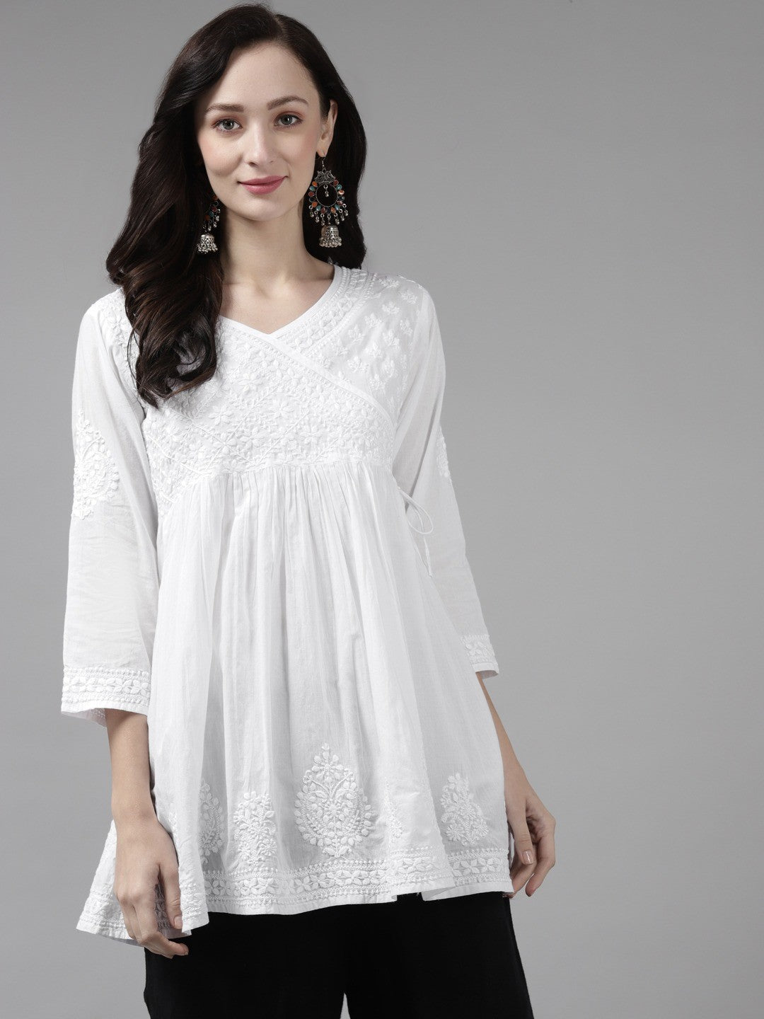 Ada Hand Embroidered White Cotton Lucknow Chikankari Angarkha Top A911159