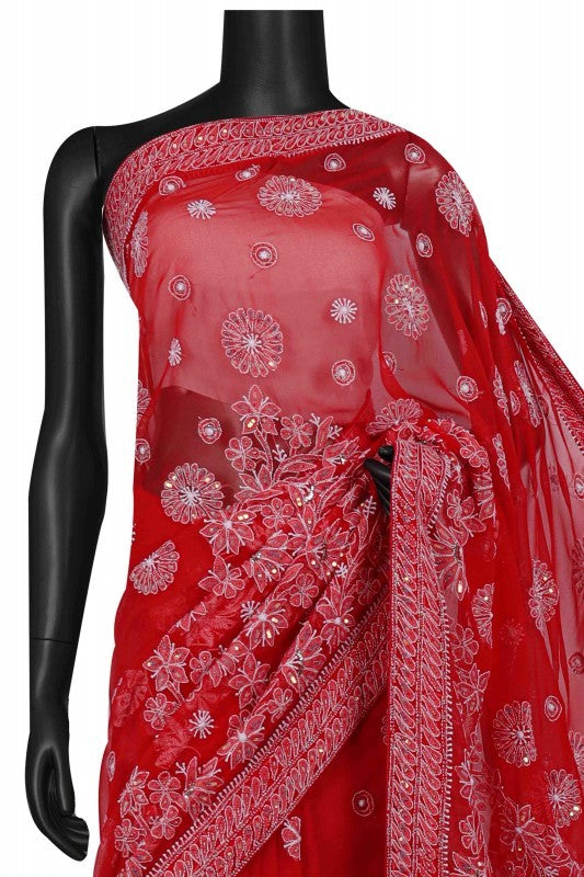 Ada Hand Embroidered Red Georgette Lucknowi Chikankari Saree/Blouse with Sequinned work 01A108206