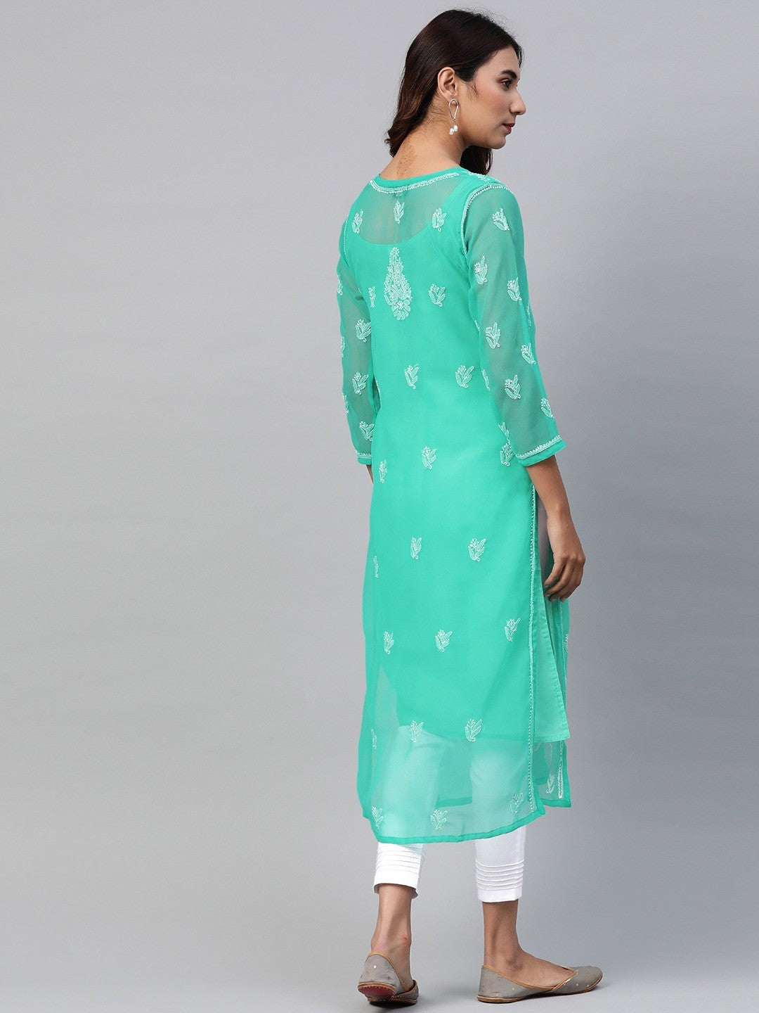Ada Hand Embroidered Sea Green Georgette Lucknowi Chikankari Kurta Set with Slip A811161