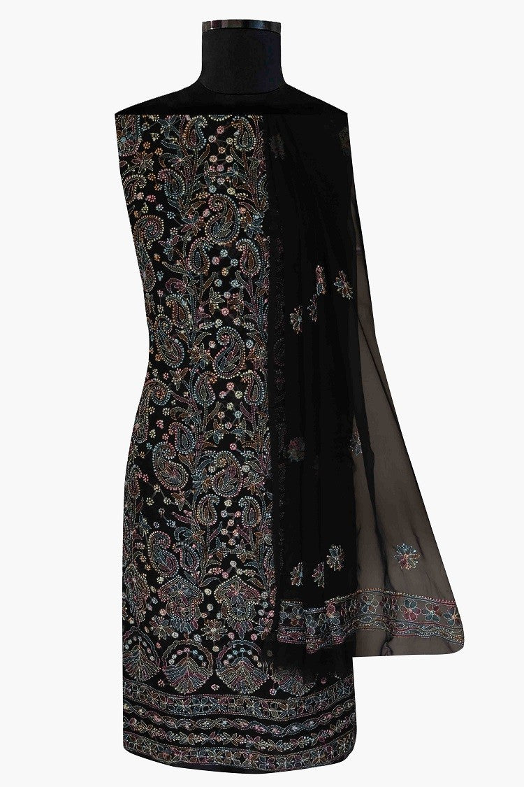 Ada Hand Embroidered Black Georgette Lucknowi Chikan Unstitched Suit Piece A211196