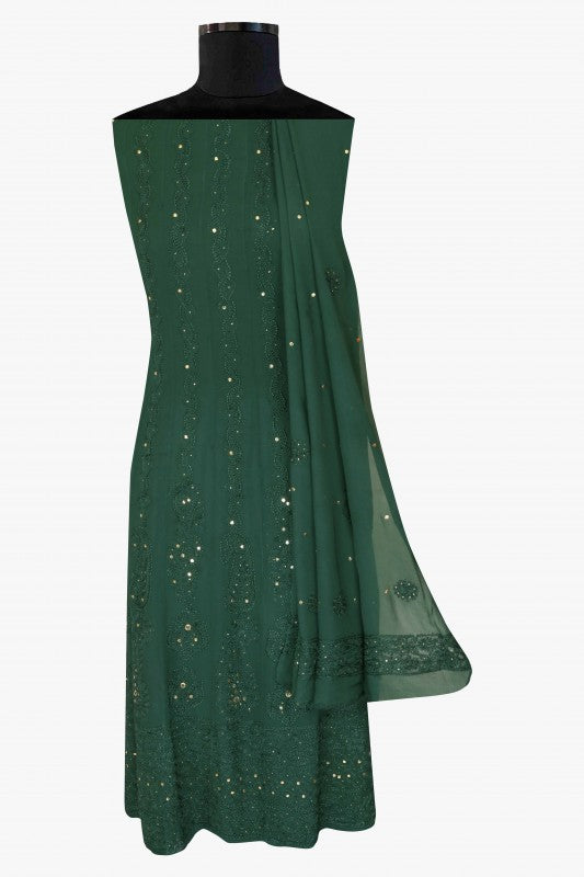 Ada Hand Embroidered Bottle Green Georgette Lucknowi Chikankari Semi-Stitched Anarkali Kurta Dupatta Set With Muqaish Work 01A12700