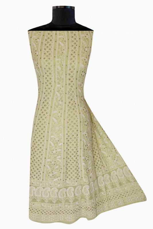Ada Hand Embroidered Lemon Pure Georgette Lucknowi Chikan Semi-Stitched Anarkali Kurta Dupatta Set With Muqaish Work-A328561
