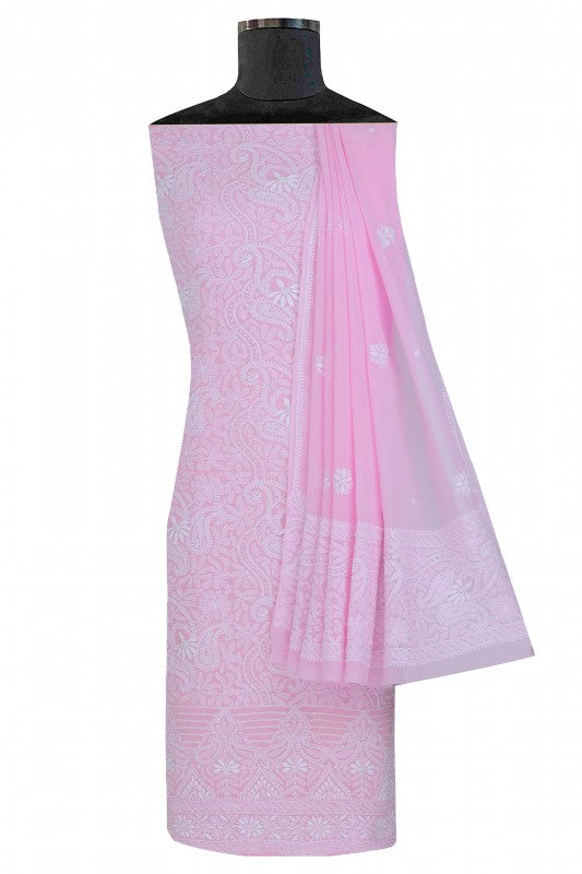 Ada Hand Embroidered Onion Pink Pure Georgette Lucknowi Chikan Unstitched Kurta Dupatta Set with Pearl Work A609230