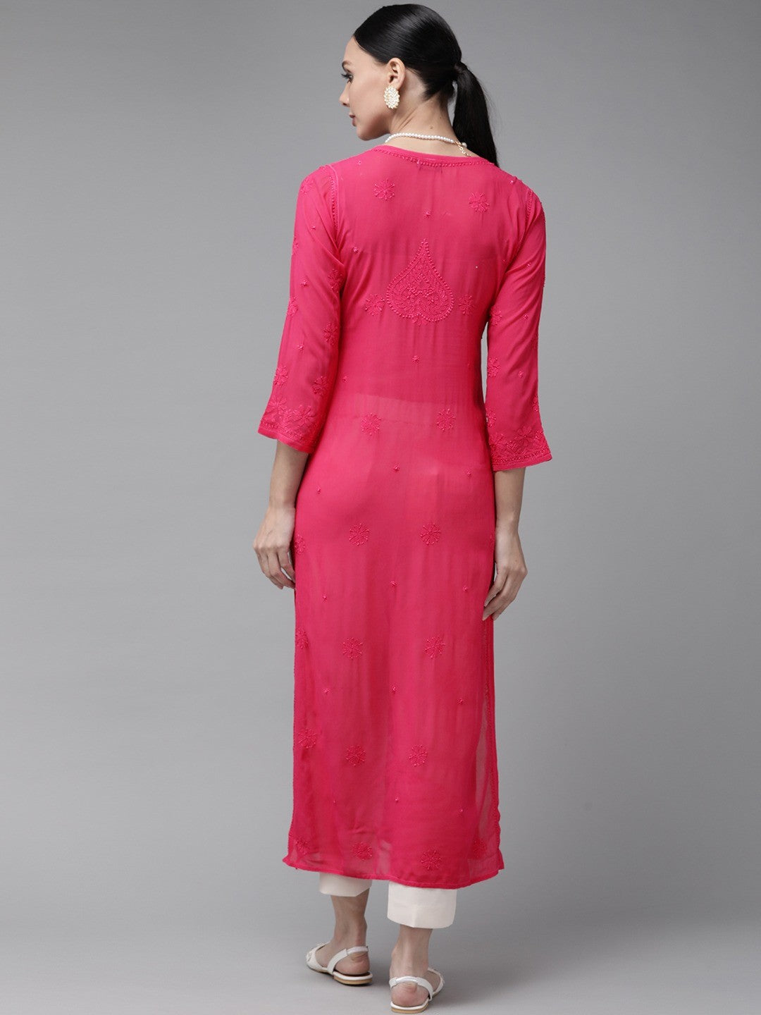Ada Hand Embroidered Magenta Georgette Lucknowi Chikankari Straight Kurta A411335