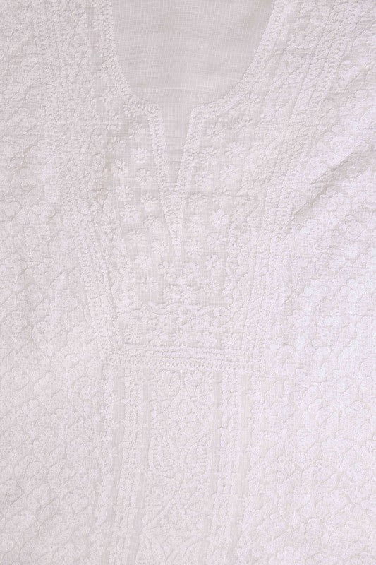 Ada Hand Embroidered White Kota Lucknowi Chikan Unstitched Kurta Dupatta-A618166