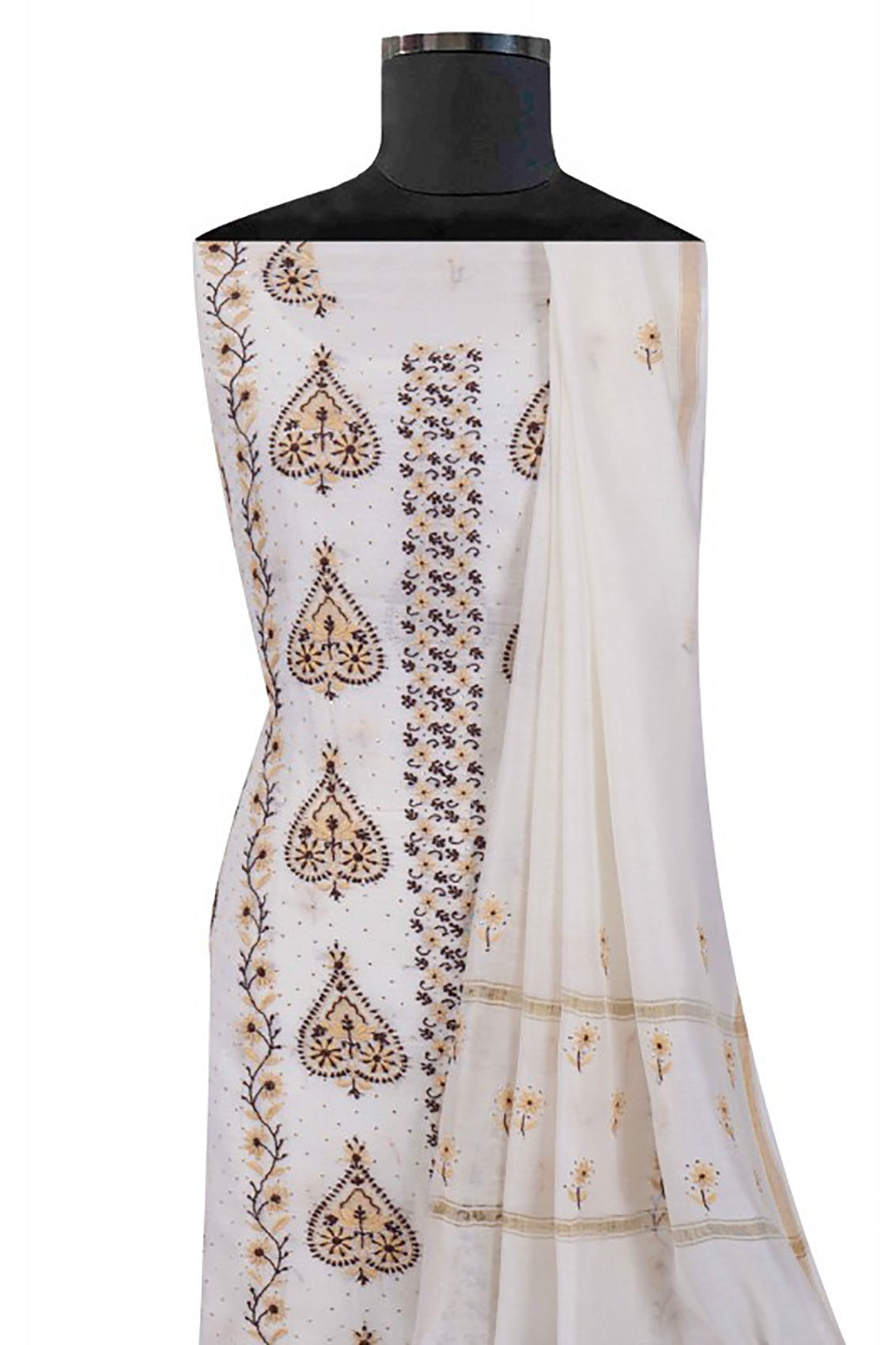 Ada Hand Embroidered Cream Chanderi Lucknowi Chikankari Unstitched Kurta Dupatta Set With Muqaish Work A570898