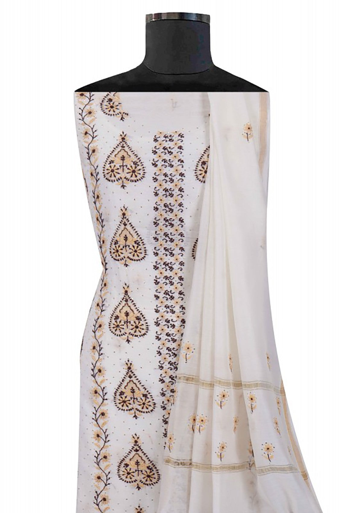 Ada Hand Embroidered Cream Chanderi Lucknowi Chikankari Unstitched Kurta Dupatta Set With Muqaish Work A570898