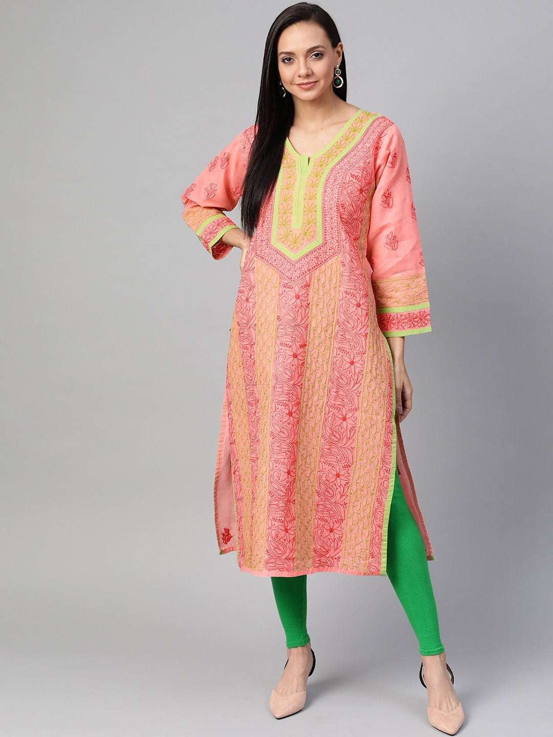 Ada Hand Embroidered Peach Cotton Lucknow Chikan Straight Kurta A273486