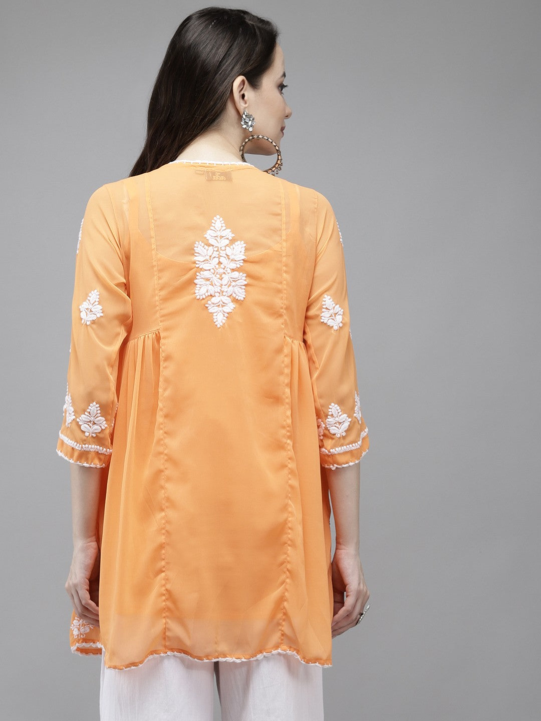 Ada Hand Embroidered Orange Georgette Lucknowi Chikankari Flared Kurti with slip A911149