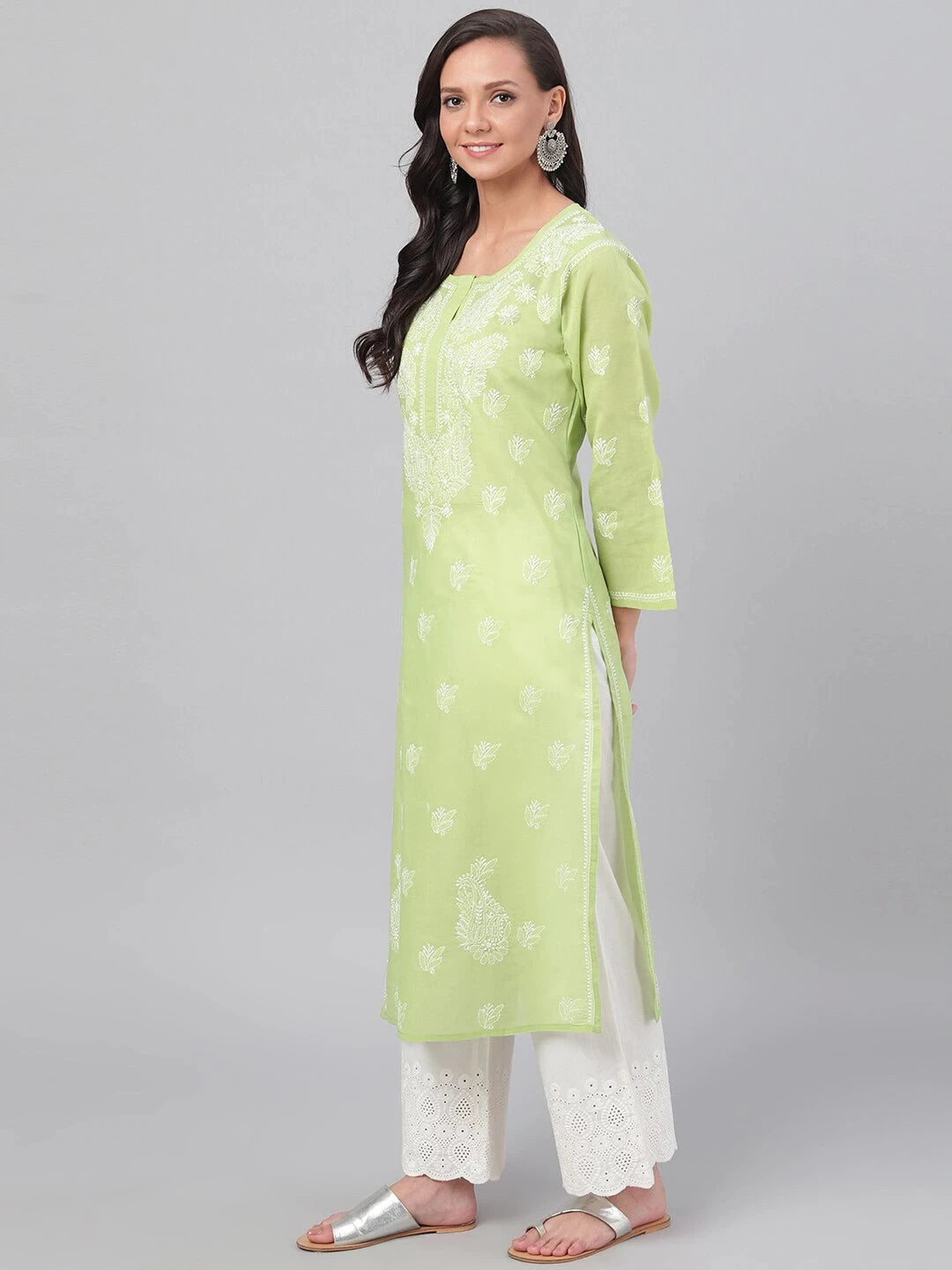 Ada Hand Embroidered Green Cotton Lucknow Chikankari Straight Kurta A133643