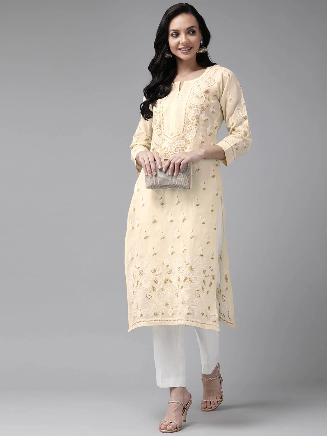 Ada Hand Embroidered Cream Cotton Lucknow Chikan Straight Kurta A411182