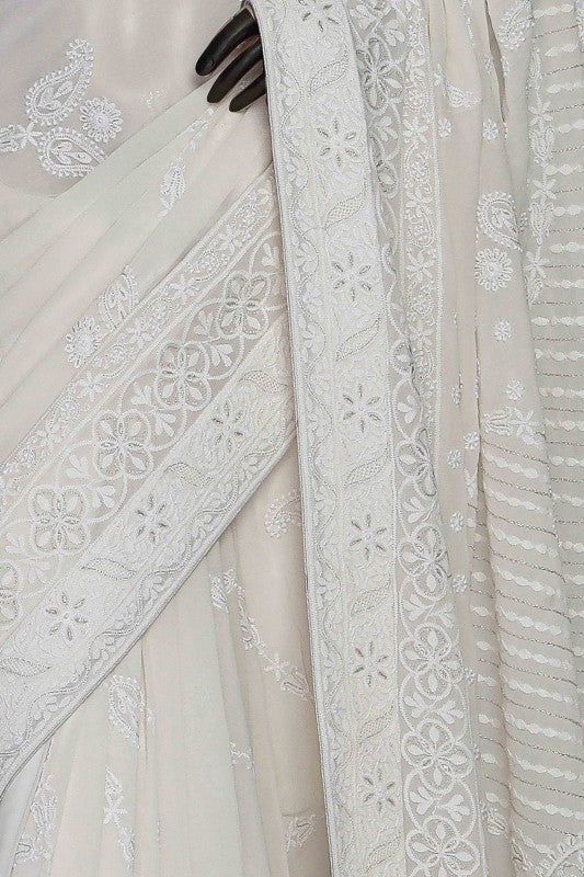 Ada Hand Embroidered White Pure Georgette Lucknowi Chikankari Saree with Blouse A456834