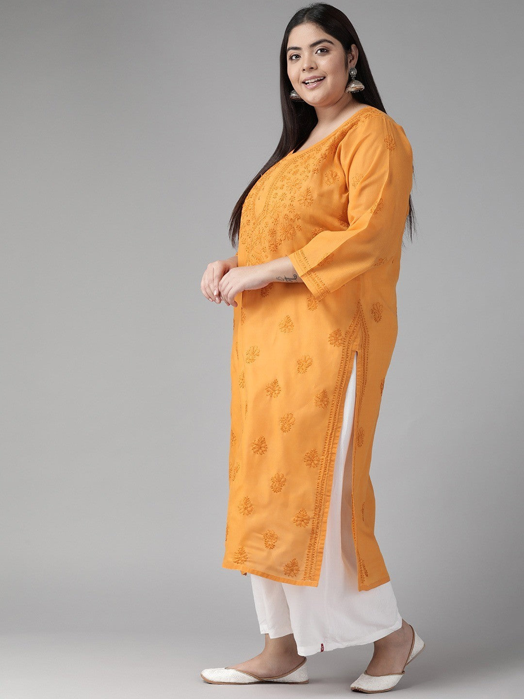 Ada Hand Embroidered Mustard Cotton Lucknowi Chikankari Straight Kurta A100366
