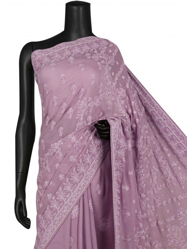 Ada Hand Embroidered Mauve Pure Georgette Lucknowi Chikankari Saree/Blouse with Pearl Work A534050