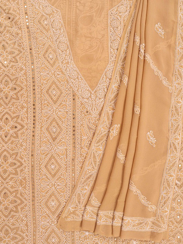Ada Hand Embroidered Dark Fawn Pure Georgette Lucknowi Chikan Unstitched Kurta Dupatta Set with Muqaish Work A501817