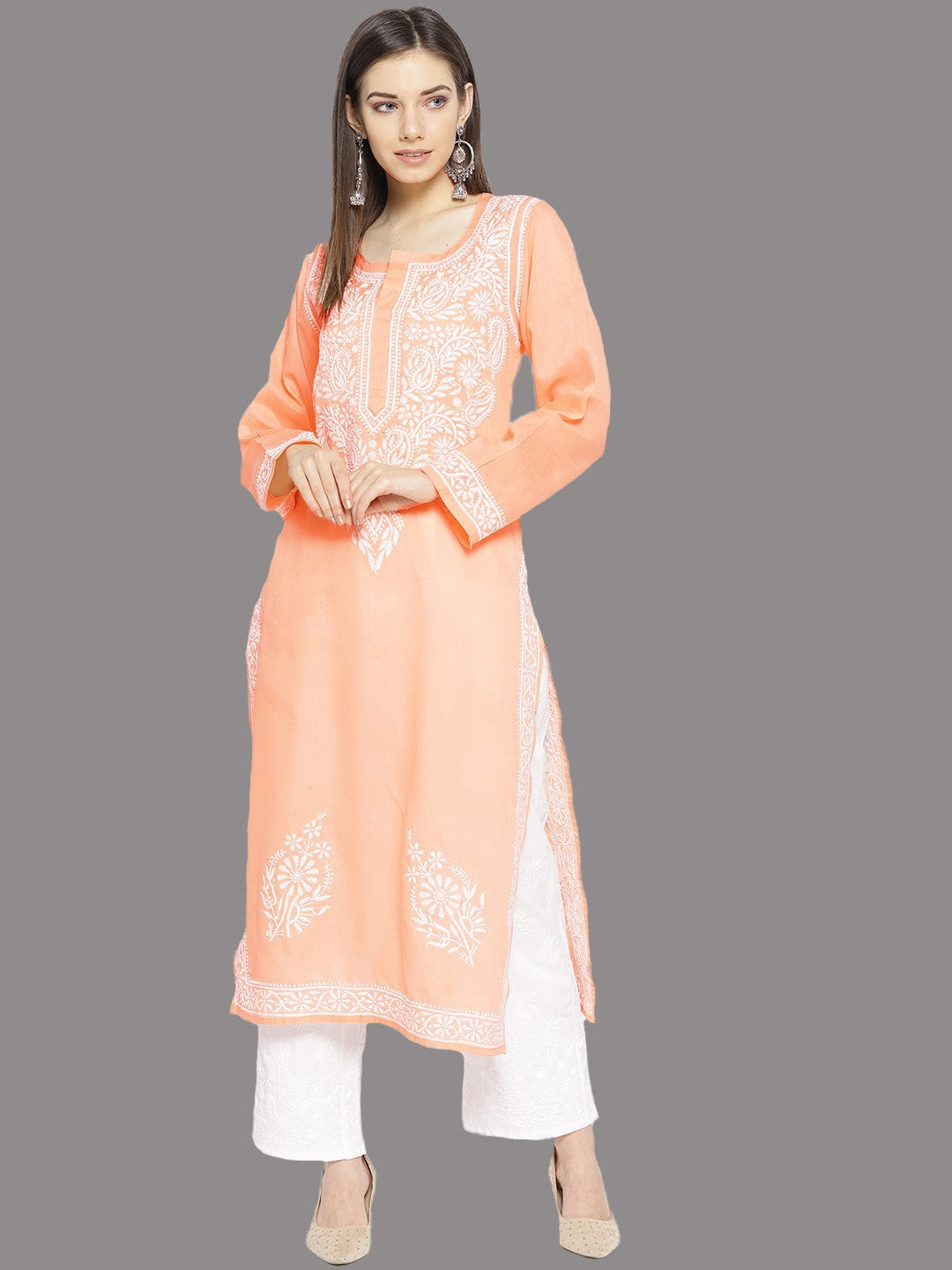 Ada Hand Embroidered Peach Cotton Lucknowi Chikankari Kurta Set A100127