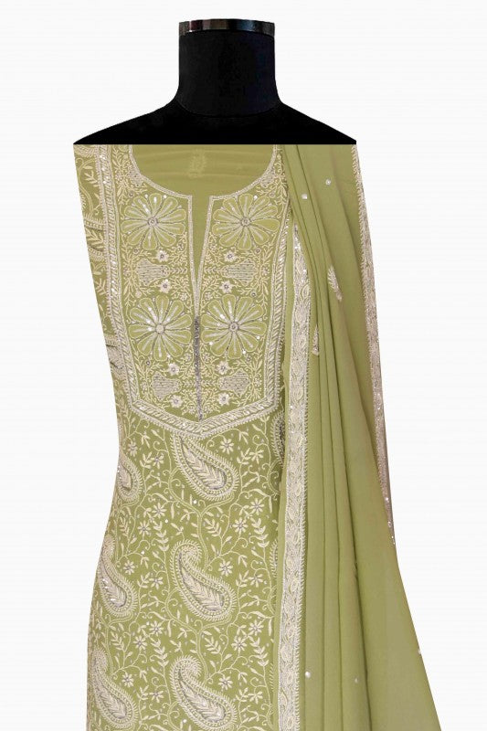 Ada Hand Embroidered Sage Green Pure Georgette Chikan Unstitched Kurta Dupatta Set with Sequinned Work - A511812