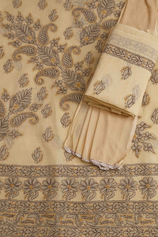 Ada Hand Embroidered Fawn Cotton Lucknowi Chikan Unstitched Suit Piece–A100153