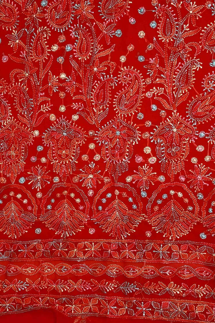 Ada Hand Embroidered Red Georgette Lucknowi Chikankari Unstitched Suit Piece A211176