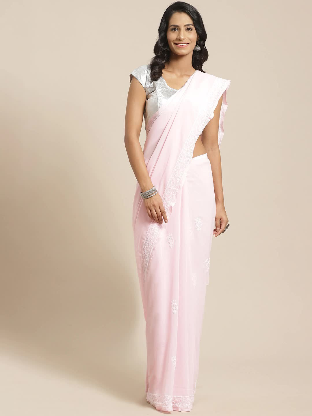 Ada Hand Embroidered Pink Georgette Lucknow Chikan Saree With Blouse- A183172