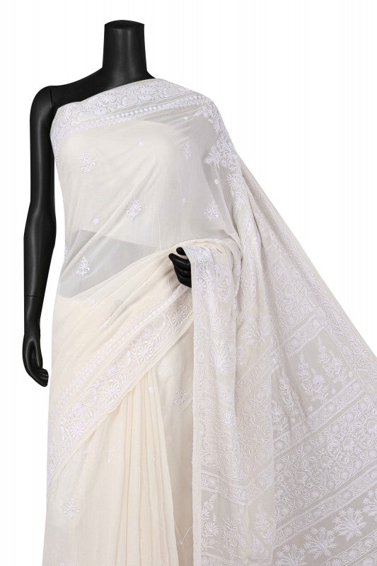 Ada Hand Embroidered White Pure Georgette Lucknowi Chikankari Saree with Blouse A631928