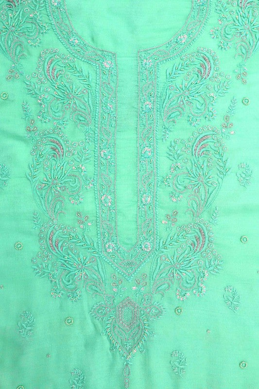 Ada Hand Embroidered Sea Green Cotton Lucknowi Chikan Unstitched Kurta Dupatta Set With Zari Work A166450