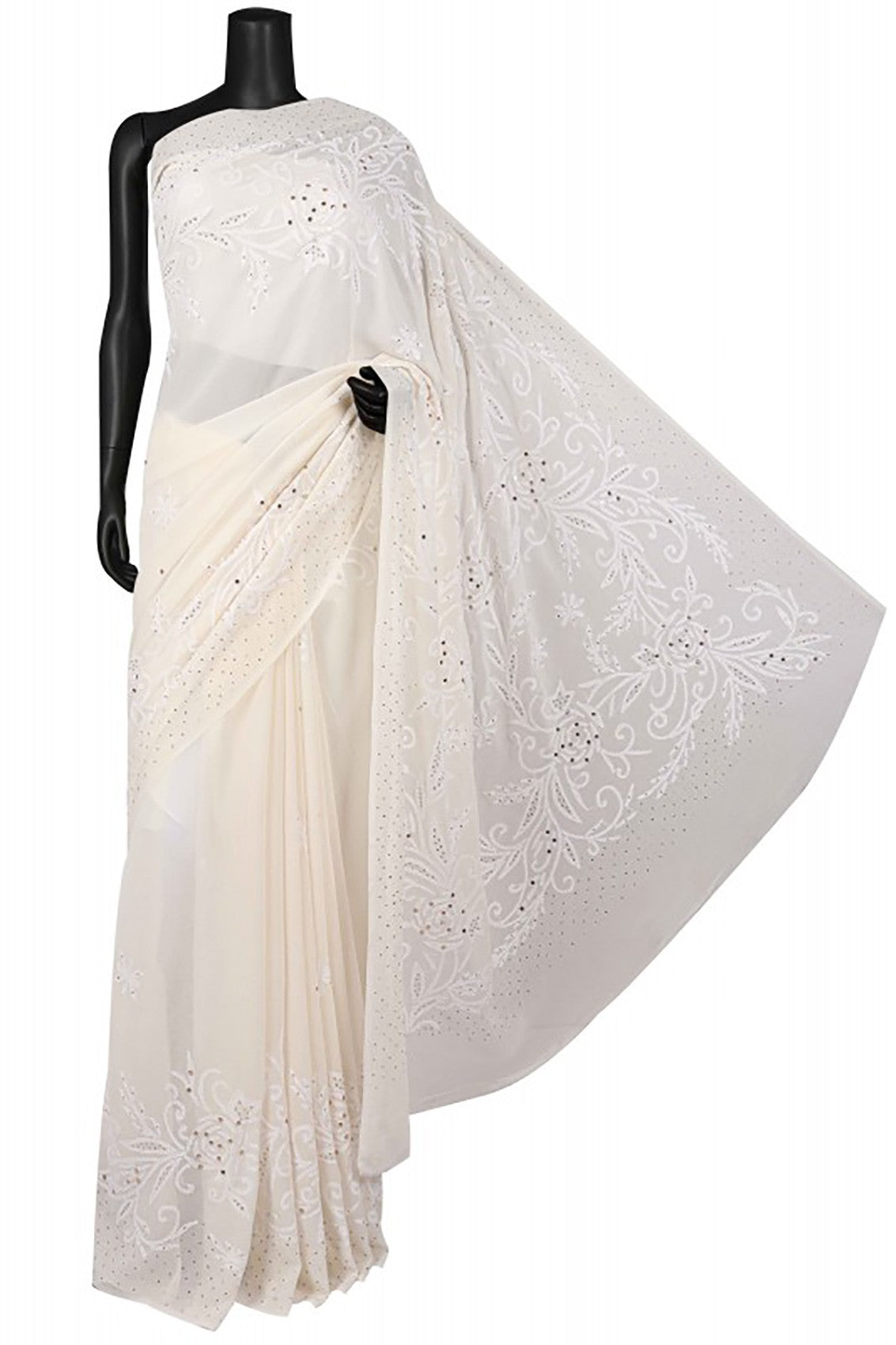 Ada Hand Embroidered Off White Pure Georgette Lucknowi Chikankari Saree/Blouse With Muqaish Work A623094