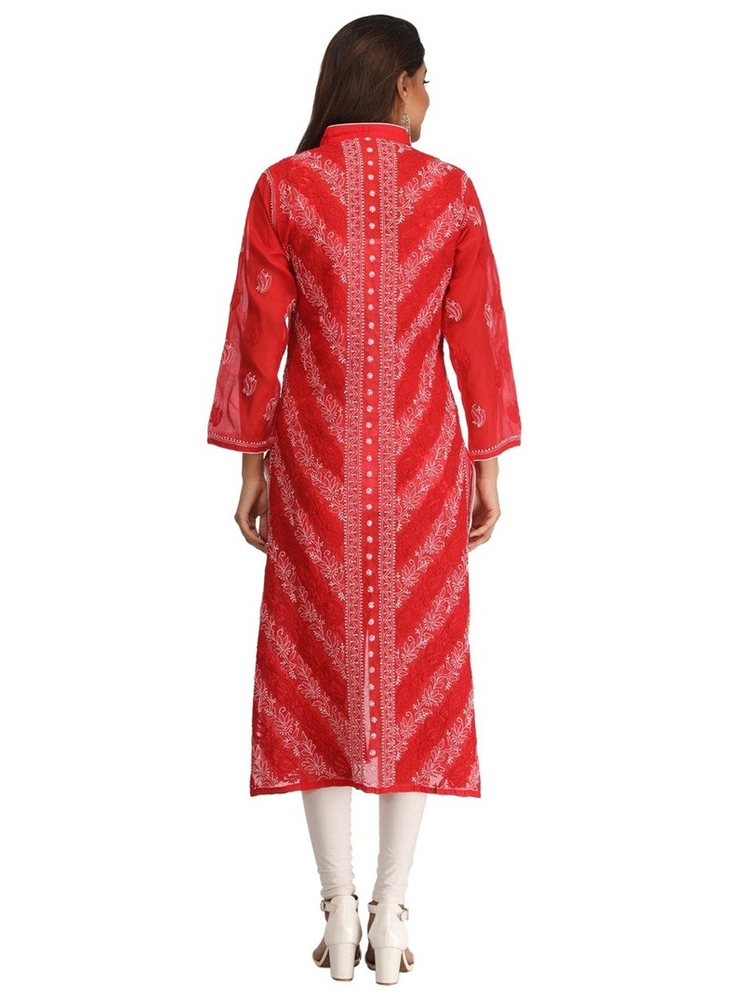 Ada Hand Embroidered Red Cotton Lucknowi Chikankari Straight Kurta A239006