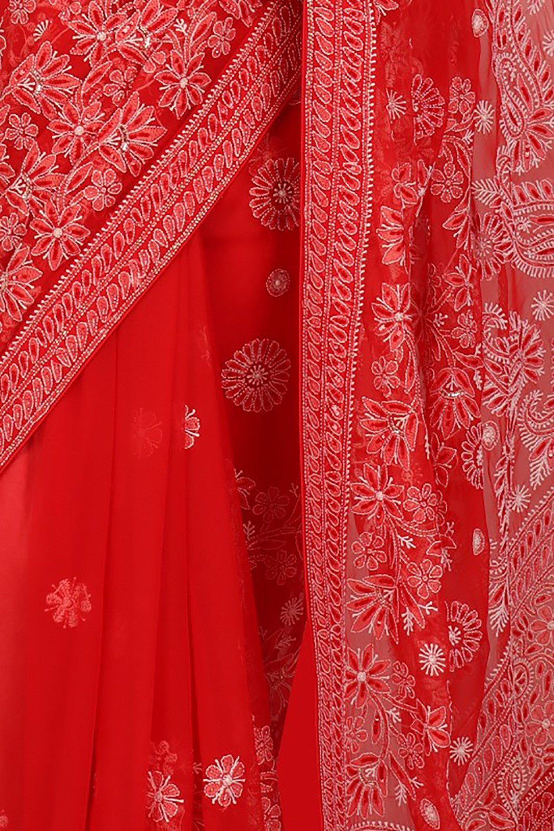Ada Hand Embroidered Red Georgette Lucknowi Chikankari Saree/Blouse With Sequinned Work 01A53297