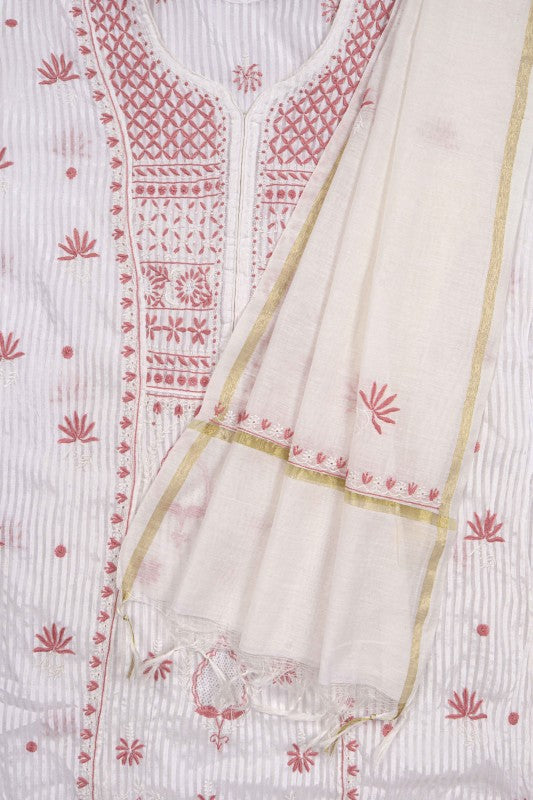 Ada Hand Embroidered White Chanderi Lucknowi Chikankari Unstitched Anarkali Kurta Dupatta Set 01A138196