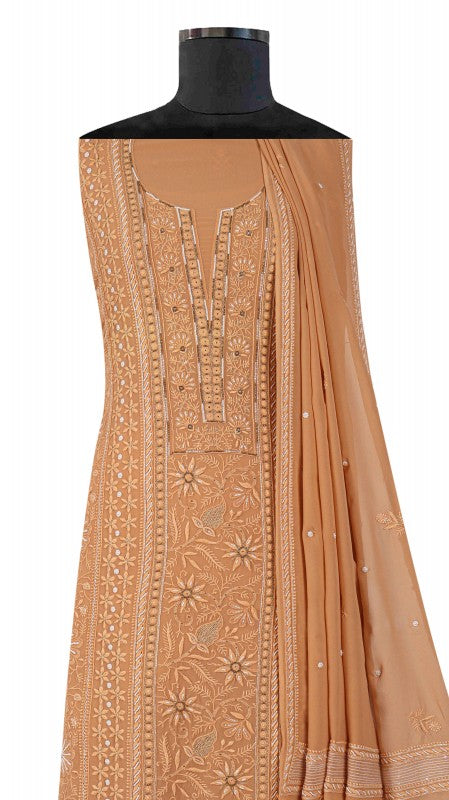 Ada Hand Embroidered Fawn Pure Georgette Lucknowi Chikan Unstitched Kurta Dupatta Set with Pearl Work A576803