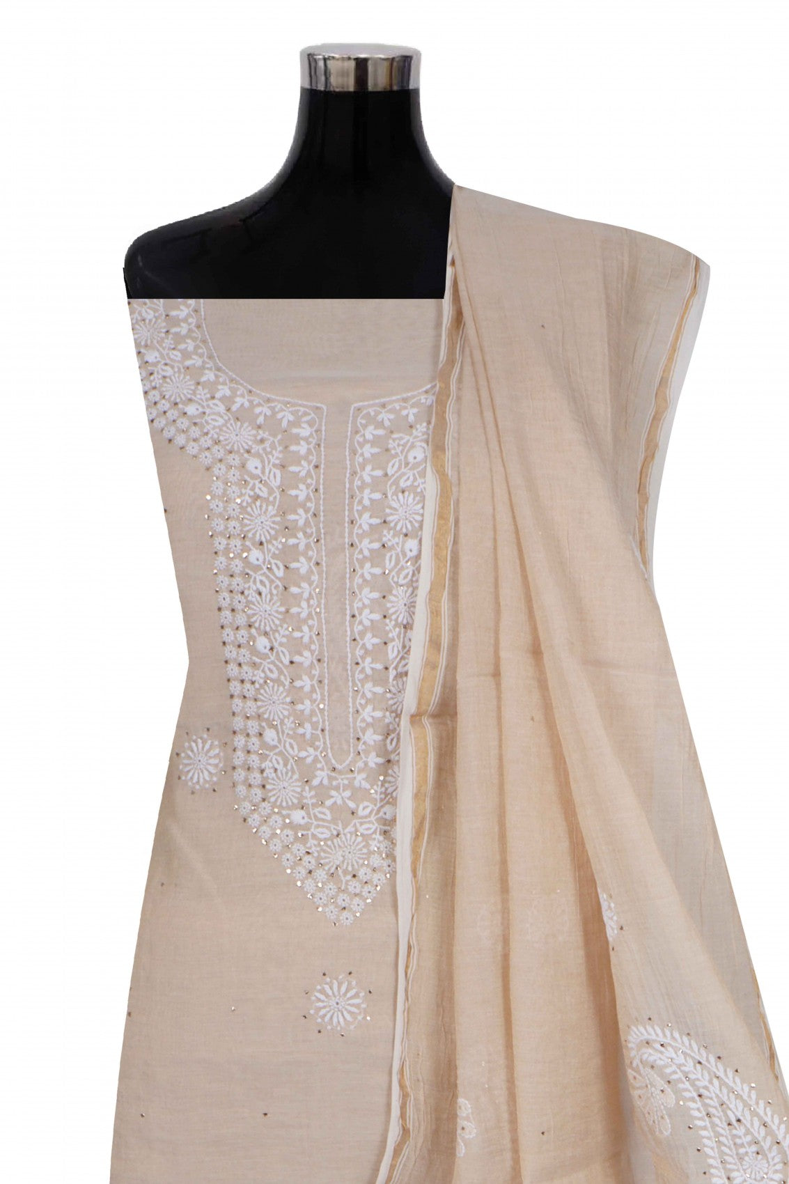 Ada Hand Embroidered Natural Fawn Tissue Lucknowi Chikankari Unstitched Kurta Dupatta Set With Muqaish Work 01A196056