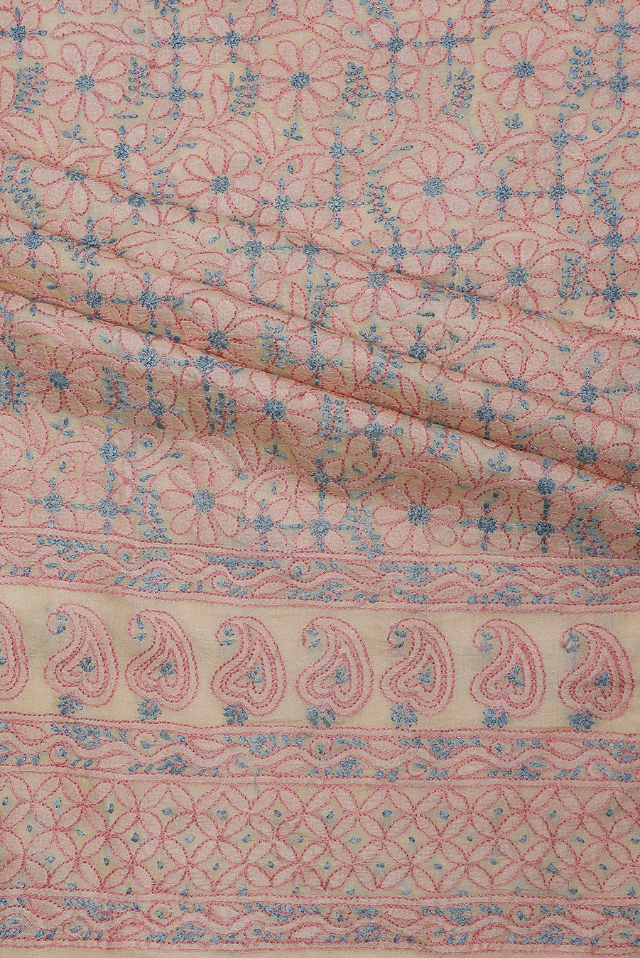 Ada Hand Embroidered Cream Tusser Silk Lucknowi Chikan Unstitched Suit Piece- A609368