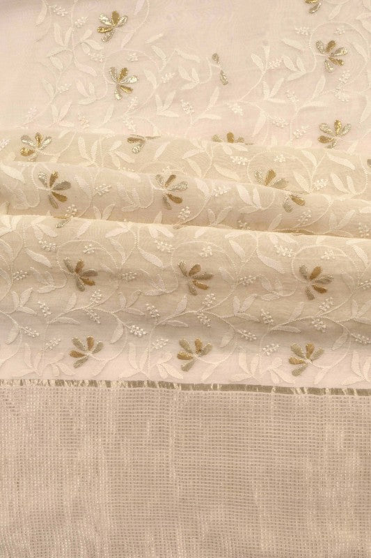 Ada Hand Embroidered Cream Chanderi Lucknowi Chikan Unstitched Suit Piece With Gota Patti Work A575128