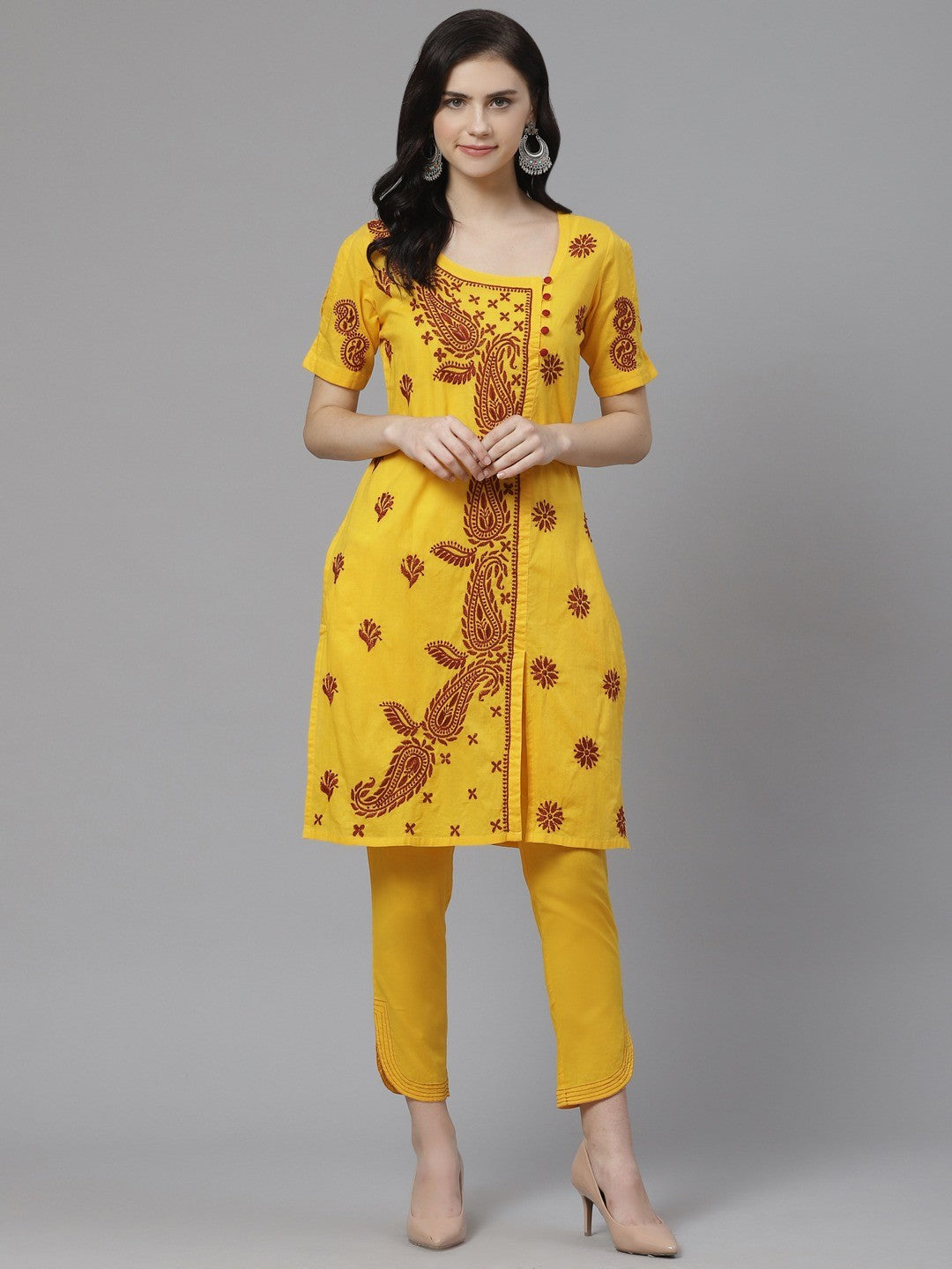 Ada Hand Embroidered Yellow Cotton Lucknowi Chikankari Straight Kurta With Trouser Set A100330