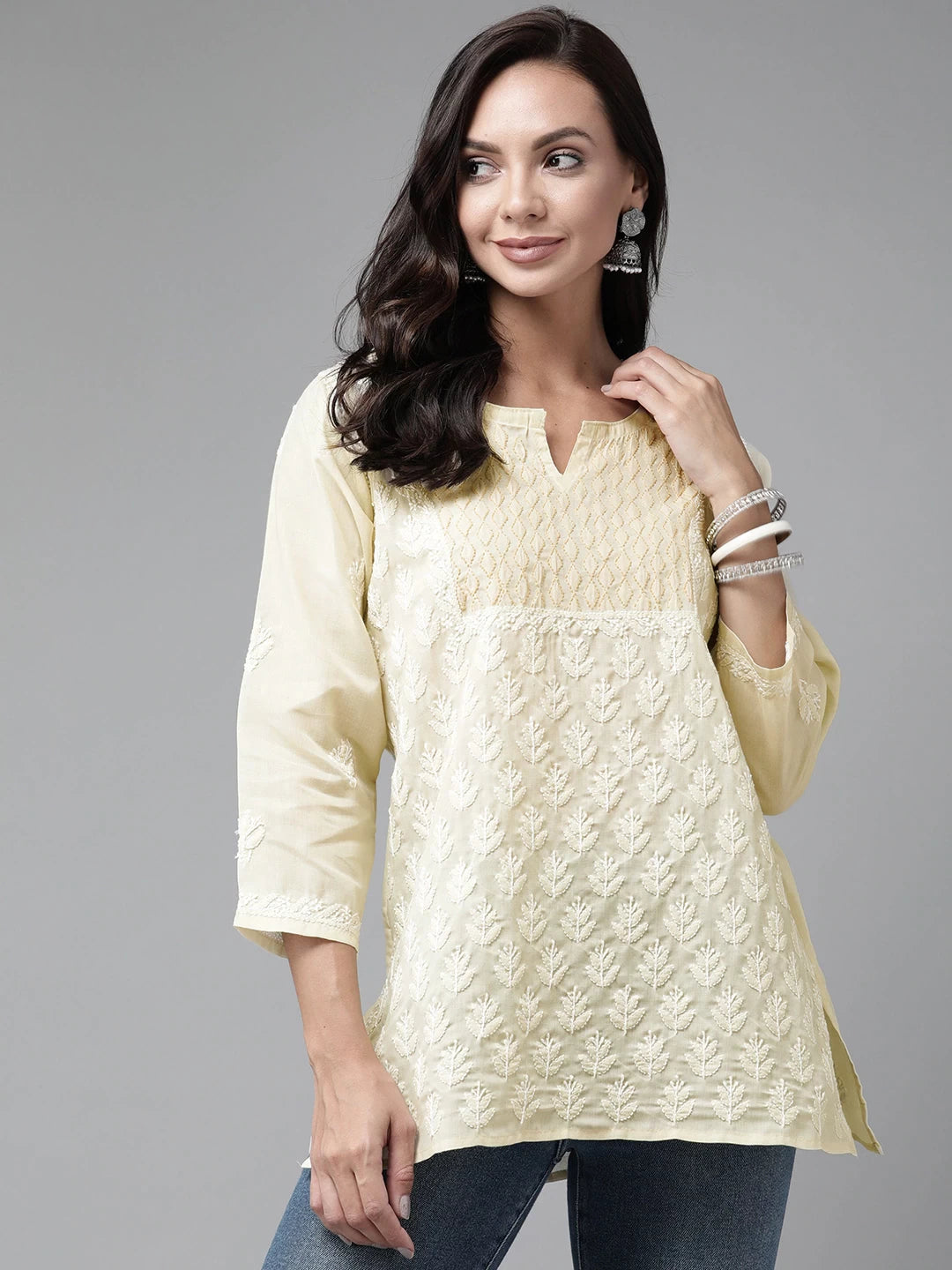Ada Hand Embroidered Fawn Cotton Lucknowi Chikankari Short Kurti A911214