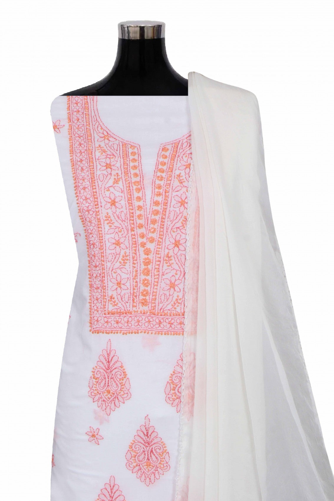 Ada Hand Embroidered White Cotton Lucknowi Chikankari Unstitched Suit Piece 01A275104