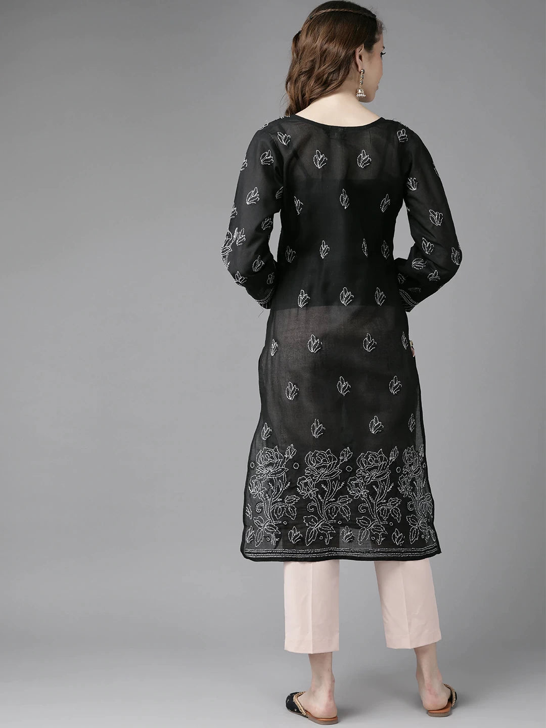 Ada Hand Embroidered Black Cotton Lucknow Chikan Straight Kurta A237205