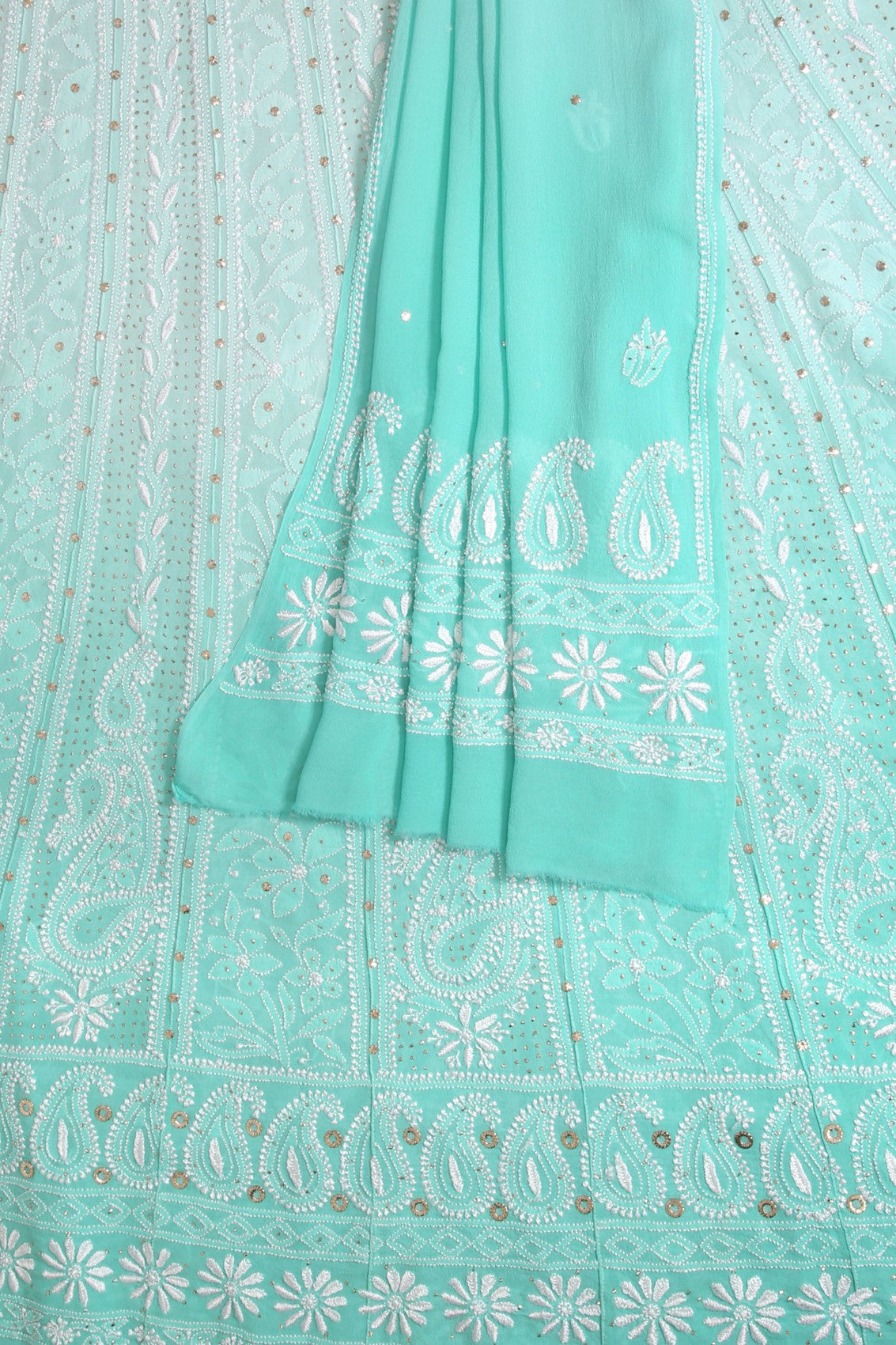 Ada Hand Embroidered Dual Shade Of Sea Green Pure Georgette Lucknowi Chikankari Semi-Stitched Anarkali Kurta Dupatta Set With Muqaish Work 01A313773