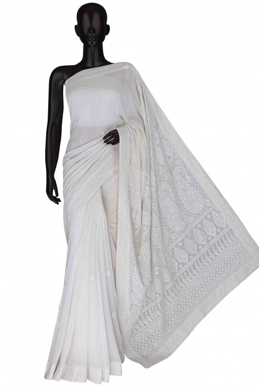 Ada Hand Embroidered White Pure Georgette Lucknow Chikan Saree with Blouse A301234