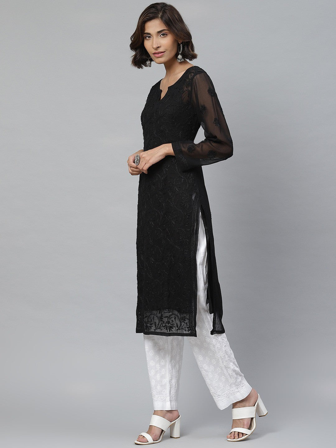 Ada Hand Embroidered Black and White Georgette Lucknowi Chikankari Kurta Set with Slip A811122