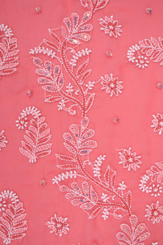 Ada Hand Embroidered Carrot Pink Georgette Lucknowi Chikankari Saree/Blouse With Pearl Work 01A194037