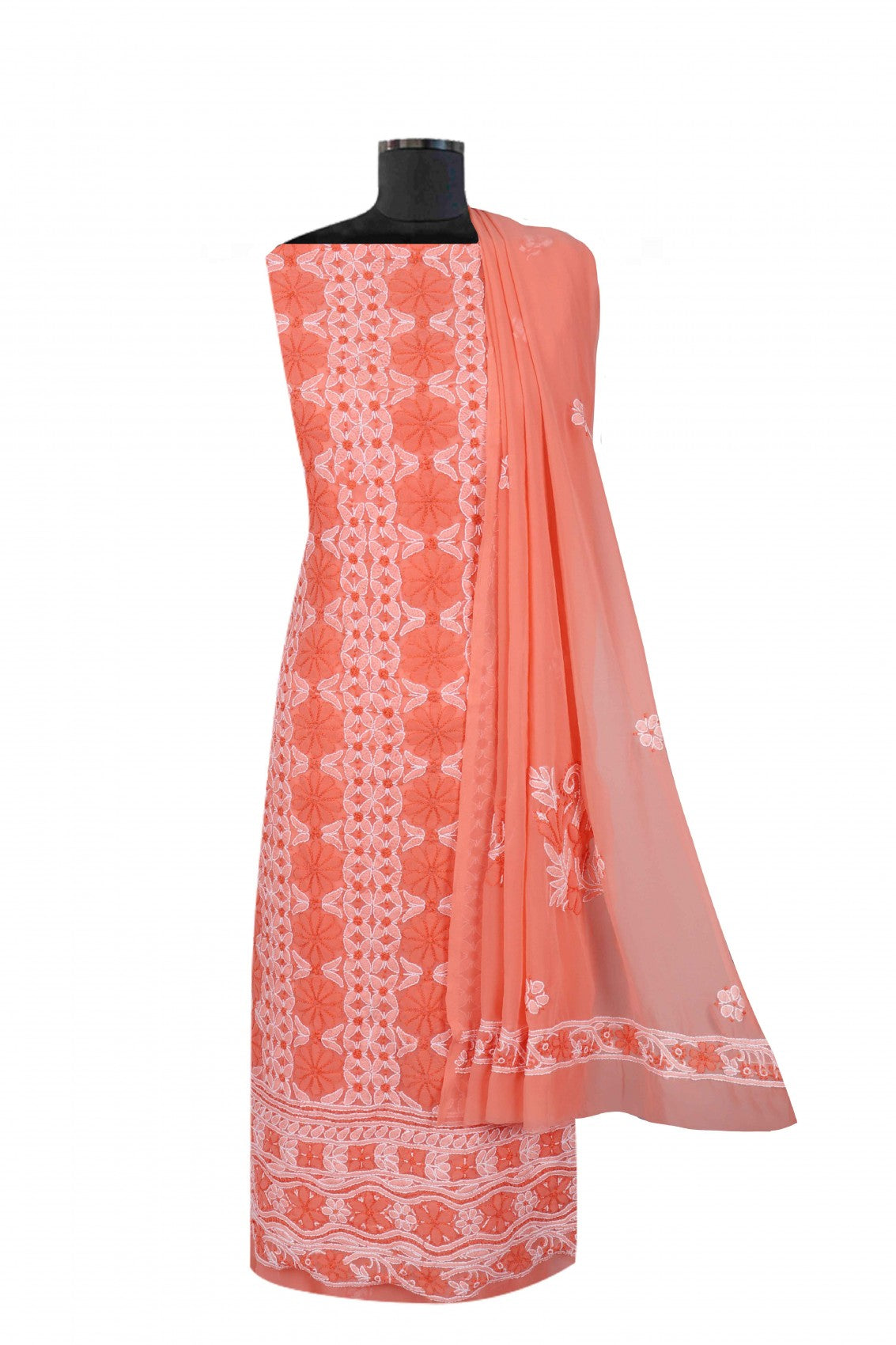 Ada Hand Embroidered Peach Georgette Lucknowi Chikankari Unstitched Suit Piece 01A151212