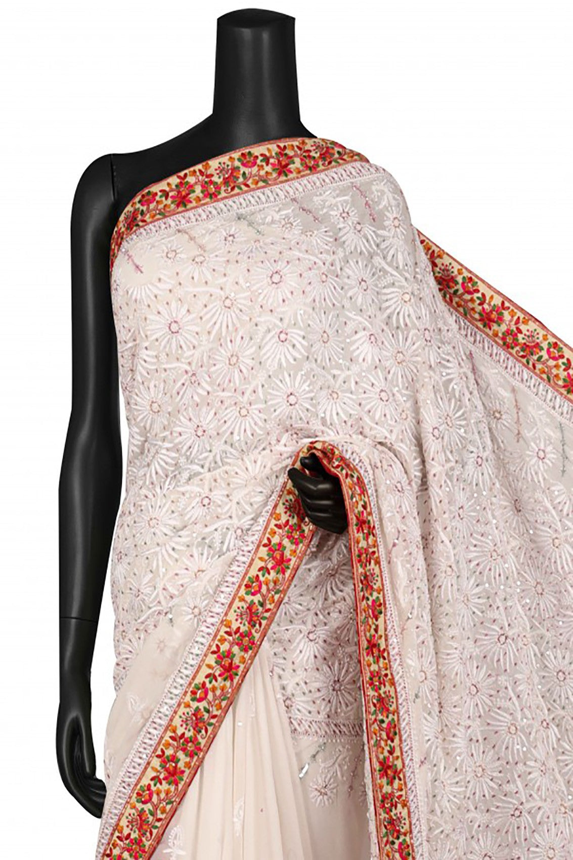 Ada Hand Embroidered Off White Pure Georgette Lucknowi Chikankari Saree/Blouse With Parsi Work 01A13889