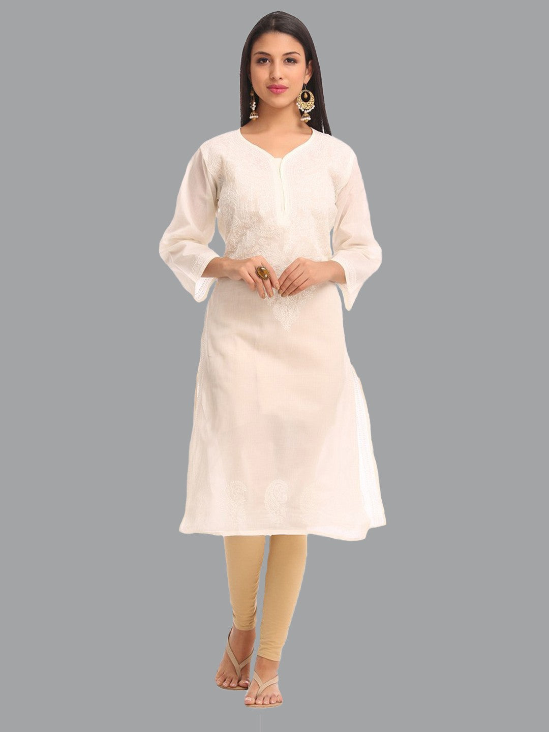 Ada Hand Embroidered Cream Cotton Lucknowi Chikan Straight  Kurta A231355