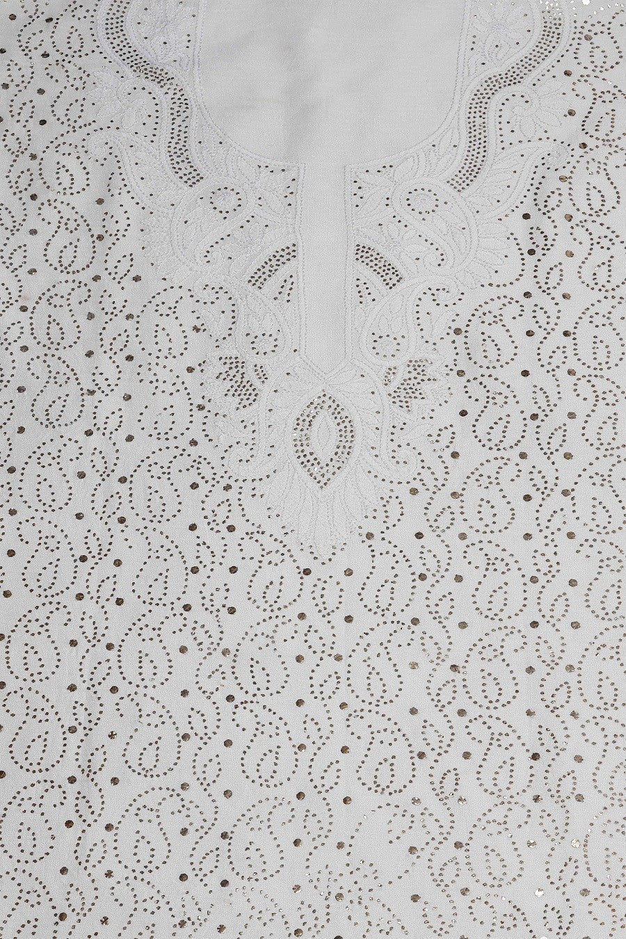Ada Hand Embroidered White Chanderi Lucknowi Chikankari Unstitched Kurta Piece With Muqaish Work A489984